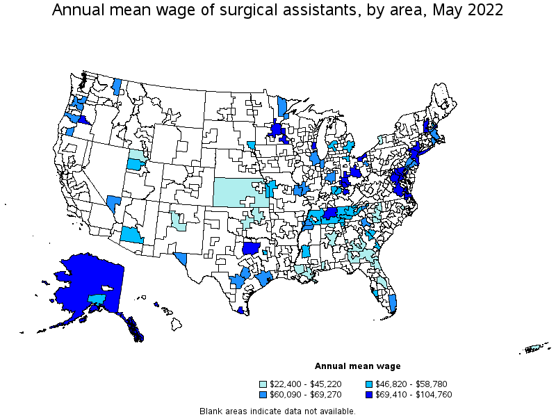 Map of annual mean wages of surgical assistants by area, May 2022