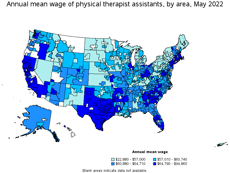 Map of annual mean wages of physical therapist assistants by area, May 2022