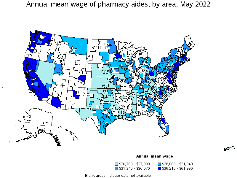 Map of annual mean wages of pharmacy aides by area, May 2022