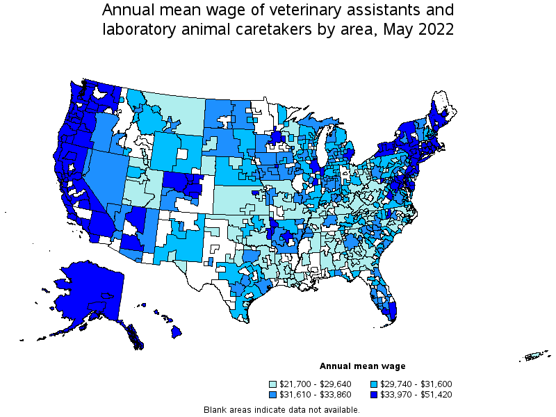 Map of annual mean wages of veterinary assistants and laboratory animal caretakers by area, May 2022