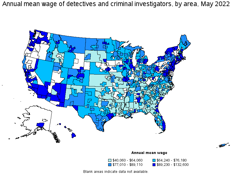 Map of annual mean wages of detectives and criminal investigators by area, May 2022