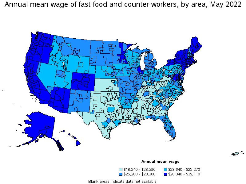 Map of annual mean wages of fast food and counter workers by area, May 2022