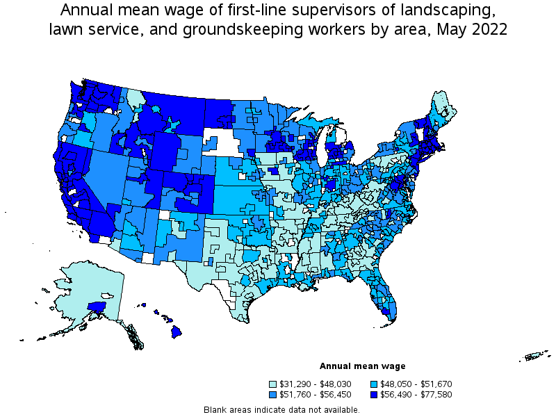 Map of annual mean wages of first-line supervisors of landscaping, lawn service, and groundskeeping workers by area, May 2022