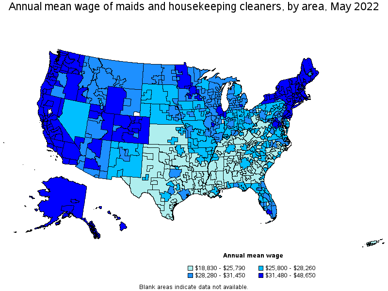 Map of annual mean wages of maids and housekeeping cleaners by area, May 2022