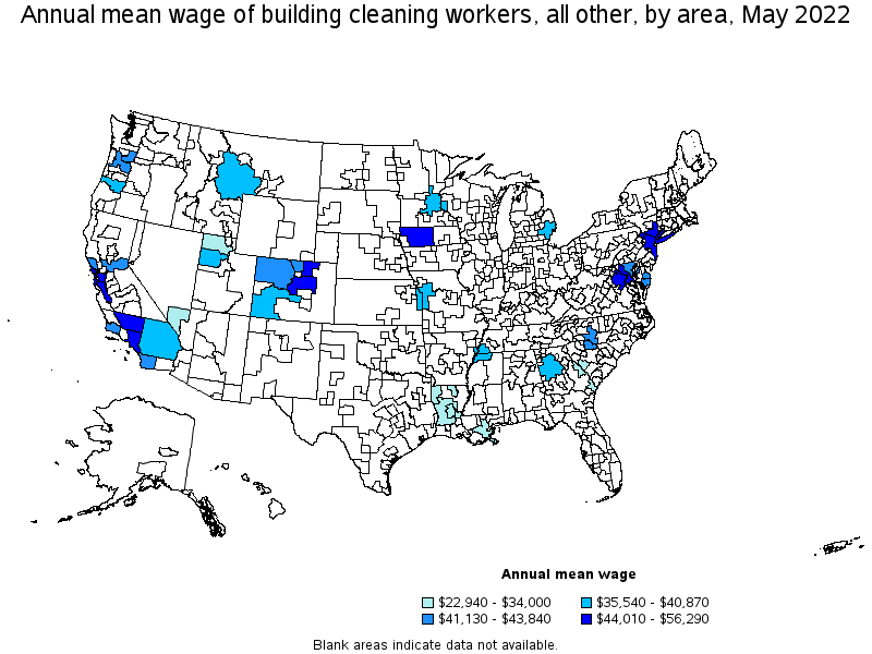 Map of annual mean wages of building cleaning workers, all other by area, May 2022