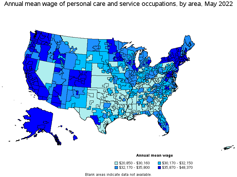 Map of annual mean wages of personal care and service occupations by area, May 2022