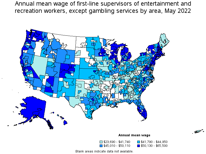 Map of annual mean wages of first-line supervisors of entertainment and recreation workers, except gambling services by area, May 2022