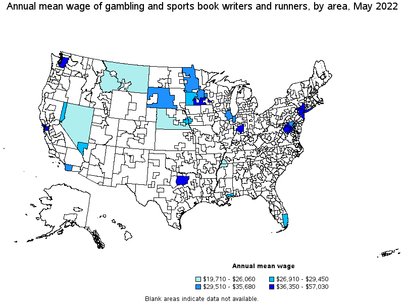 Map of annual mean wages of gambling and sports book writers and runners by area, May 2022