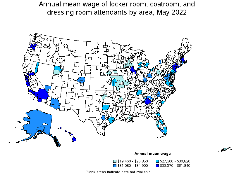 Map of annual mean wages of locker room, coatroom, and dressing room attendants by area, May 2022