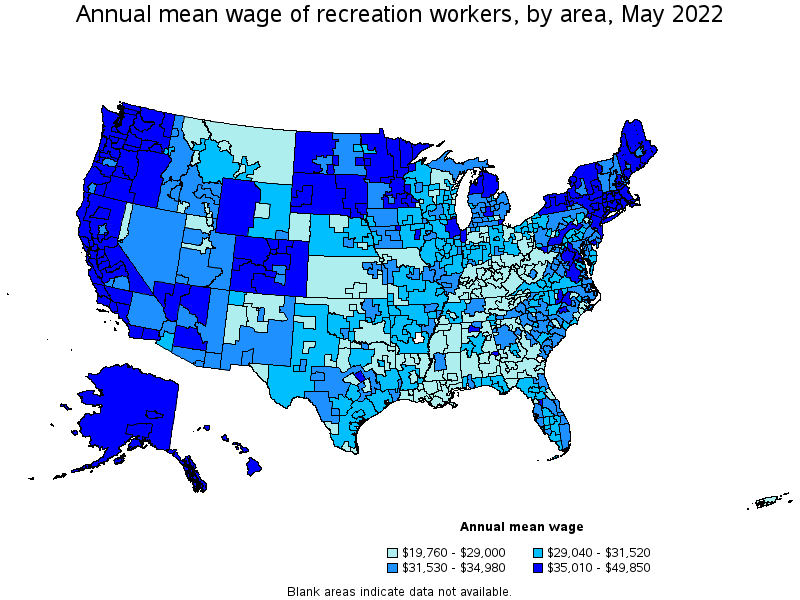 Map of annual mean wages of recreation workers by area, May 2022