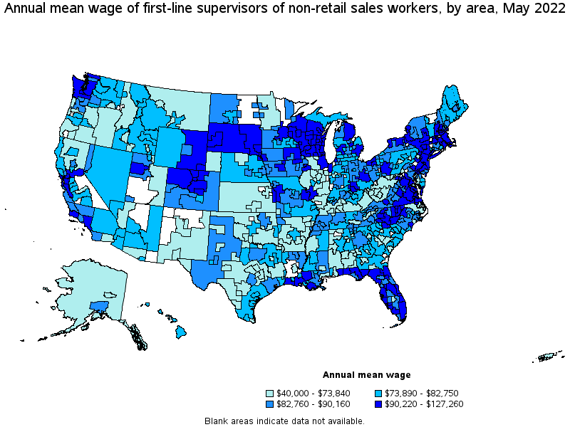 Map of annual mean wages of first-line supervisors of non-retail sales workers by area, May 2022