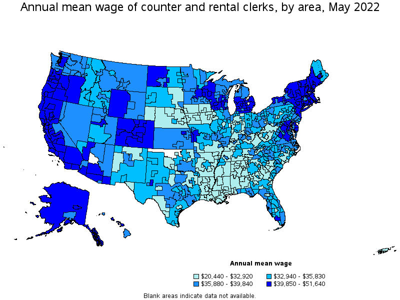 Map of annual mean wages of counter and rental clerks by area, May 2022