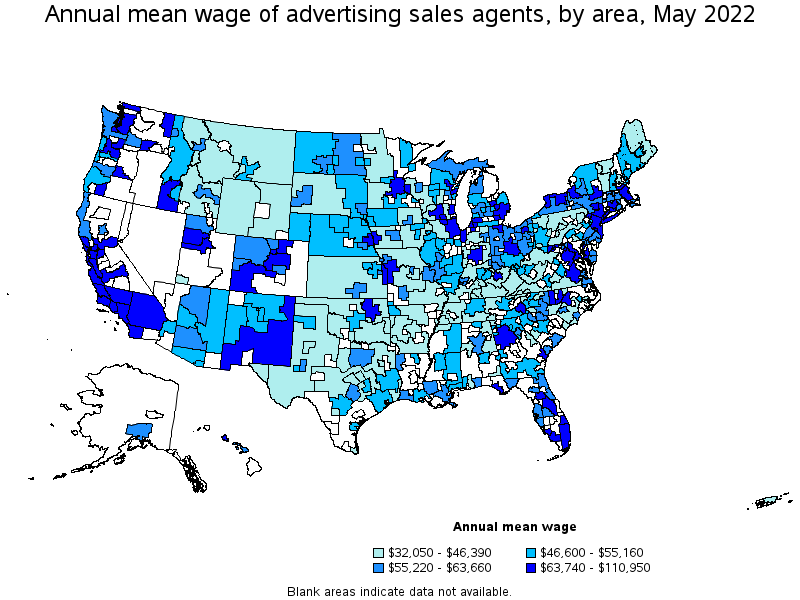 Map of annual mean wages of advertising sales agents by area, May 2022