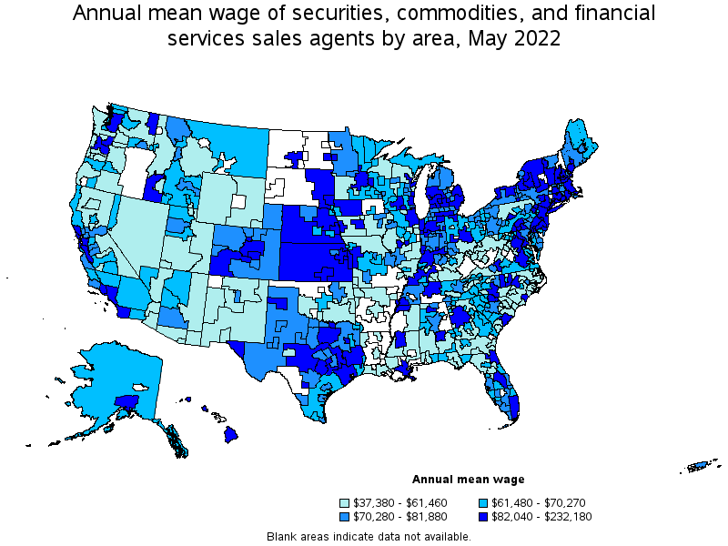 Map of annual mean wages of securities, commodities, and financial services sales agents by area, May 2022