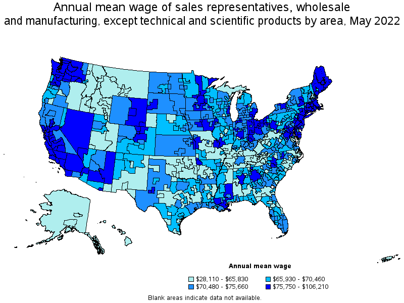 Map of annual mean wages of sales representatives, wholesale and manufacturing, except technical and scientific products by area, May 2022