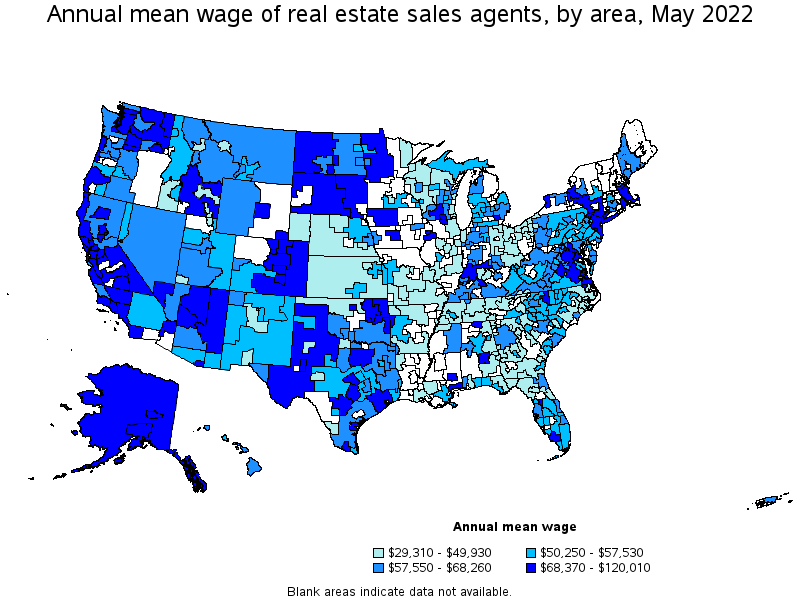 Map of annual mean wages of real estate sales agents by area, May 2022