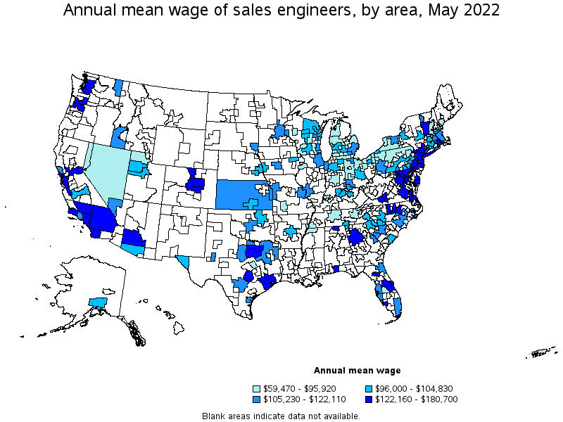 Map of annual mean wages of sales engineers by area, May 2022