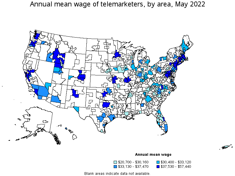 Map of annual mean wages of telemarketers by area, May 2022