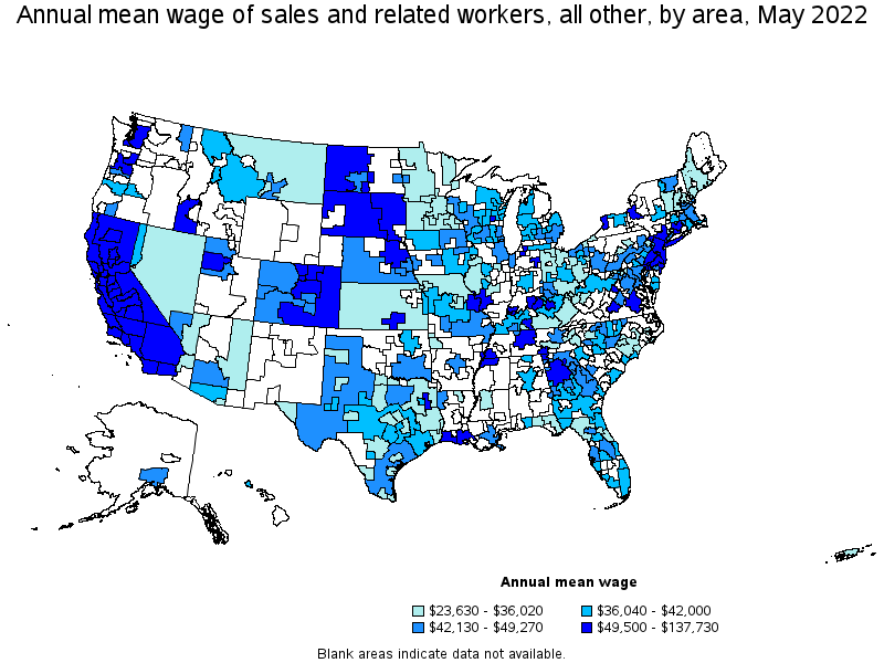 Map of annual mean wages of sales and related workers, all other by area, May 2022