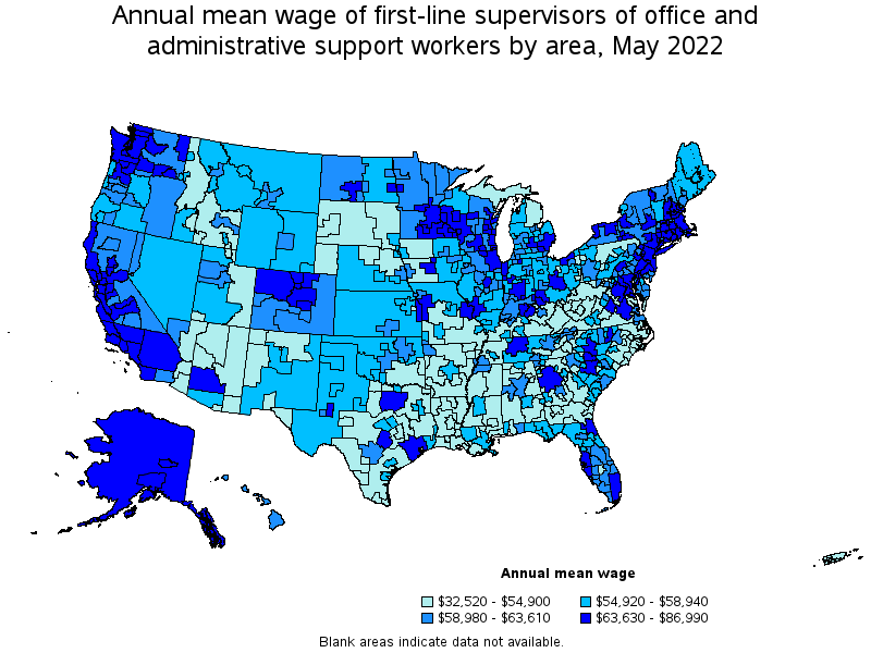 Map of annual mean wages of first-line supervisors of office and administrative support workers by area, May 2022