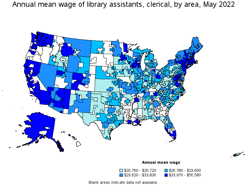 Map of annual mean wages of library assistants, clerical by area, May 2022
