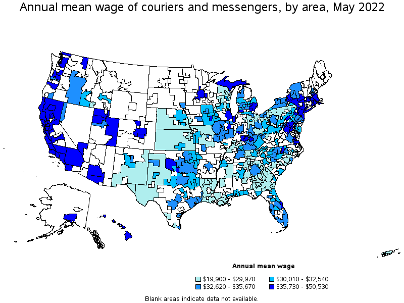 Map of annual mean wages of couriers and messengers by area, May 2022