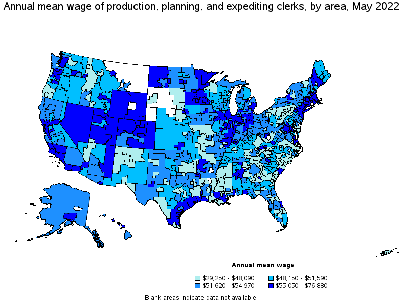 Map of annual mean wages of production, planning, and expediting clerks by area, May 2022