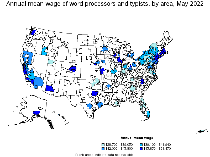 Map of annual mean wages of word processors and typists by area, May 2022