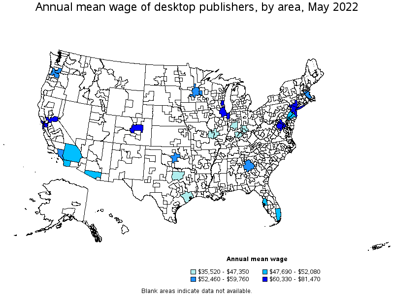 Map of annual mean wages of desktop publishers by area, May 2022