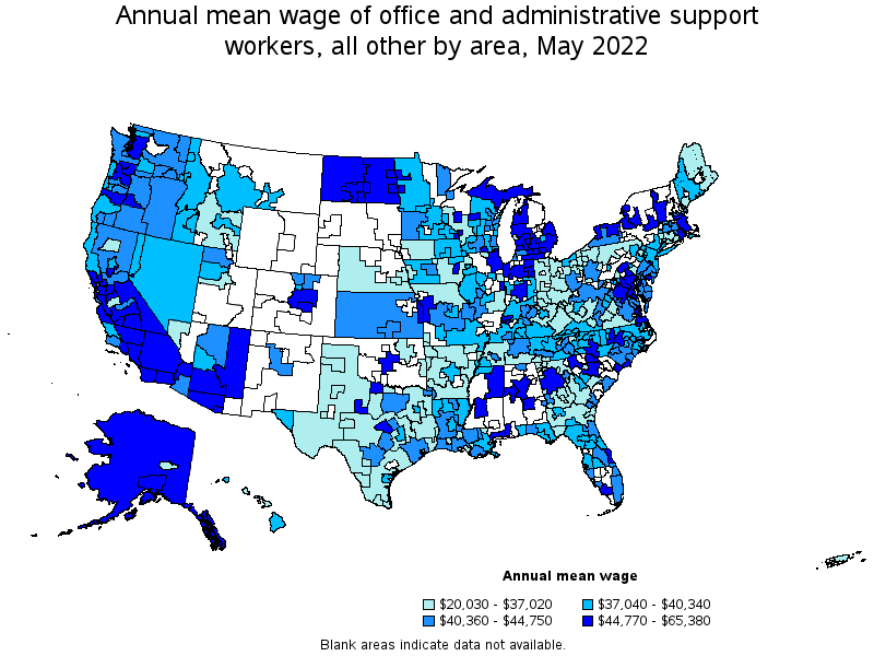 Map of annual mean wages of office and administrative support workers, all other by area, May 2022