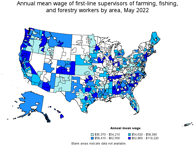 Map of annual mean wages of first-line supervisors of farming, fishing, and forestry workers by area, May 2022