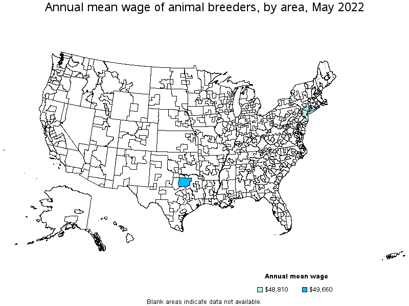 Map of annual mean wages of animal breeders by area, May 2022