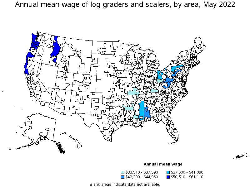 Map of annual mean wages of log graders and scalers by area, May 2022