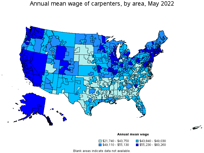 Map of annual mean wages of carpenters by area, May 2022