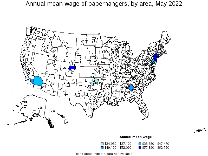Map of annual mean wages of paperhangers by area, May 2022