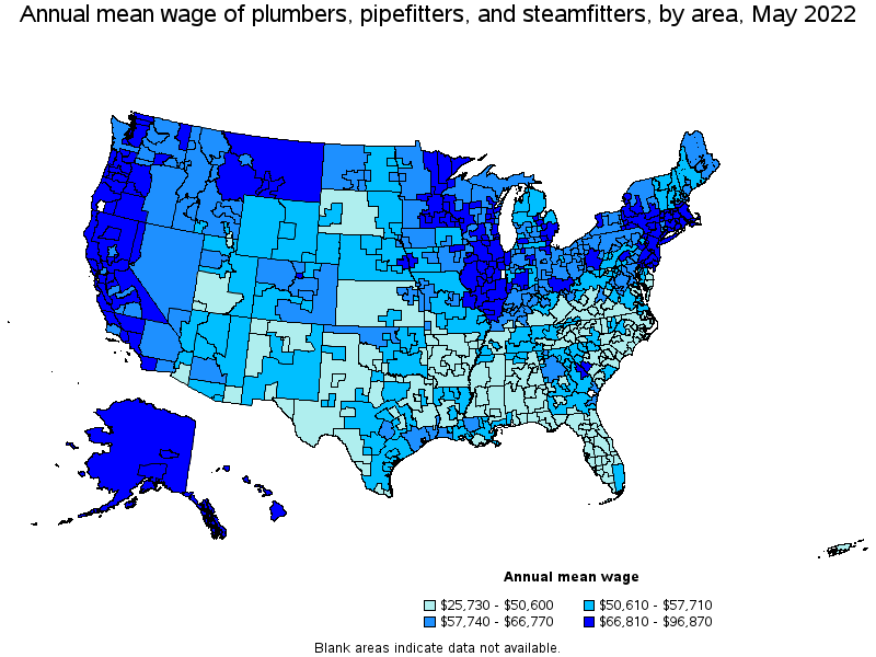 Map of annual mean wages of plumbers, pipefitters, and steamfitters by area, May 2022