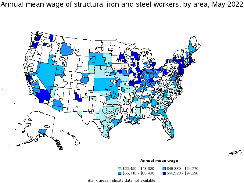 Map of annual mean wages of structural iron and steel workers by area, May 2022