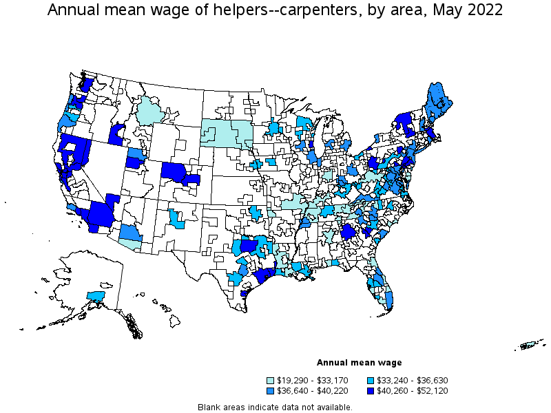 Map of annual mean wages of helpers--carpenters by area, May 2022