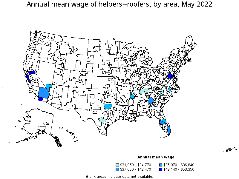 Map of annual mean wages of helpers--roofers by area, May 2022