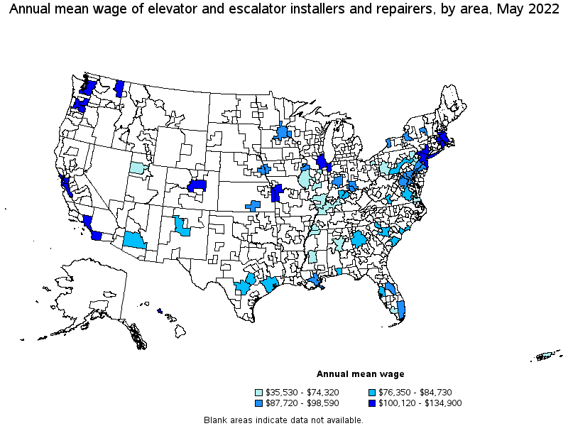 Map of annual mean wages of elevator and escalator installers and repairers by area, May 2022