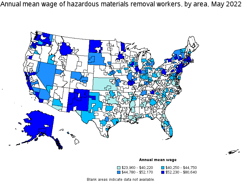 Map of annual mean wages of hazardous materials removal workers by area, May 2022