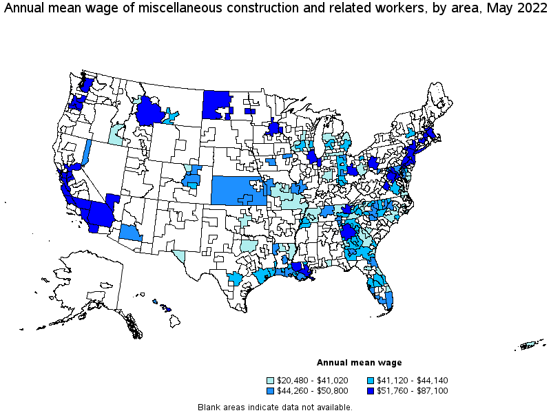 Map of annual mean wages of miscellaneous construction and related workers by area, May 2022