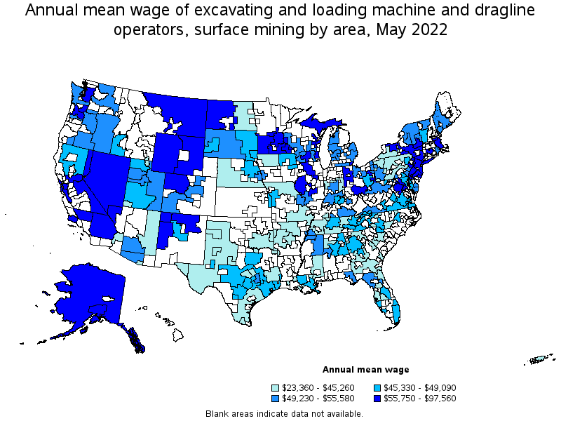 Map of annual mean wages of excavating and loading machine and dragline operators, surface mining by area, May 2022