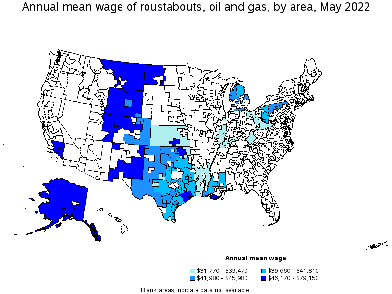 Map of annual mean wages of roustabouts, oil and gas by area, May 2022