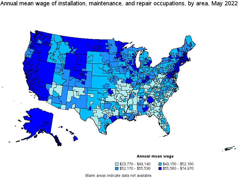 Map of annual mean wages of installation, maintenance, and repair occupations by area, May 2022