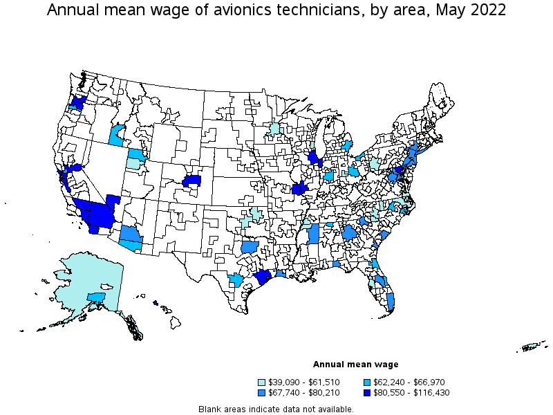 Map of annual mean wages of avionics technicians by area, May 2022