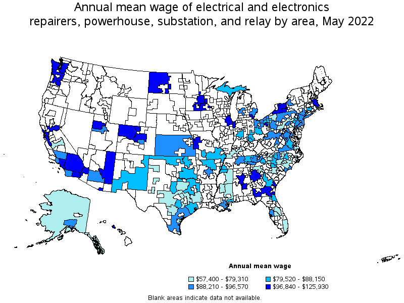 Map of annual mean wages of electrical and electronics repairers, powerhouse, substation, and relay by area, May 2022