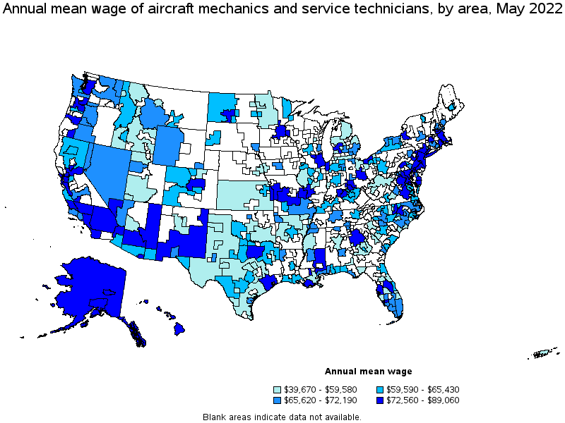 Map of annual mean wages of aircraft mechanics and service technicians by area, May 2022