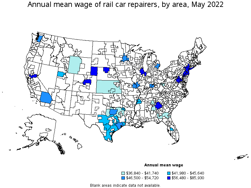 Map of annual mean wages of rail car repairers by area, May 2022