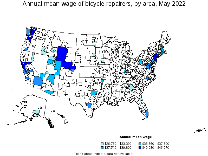 Map of annual mean wages of bicycle repairers by area, May 2022